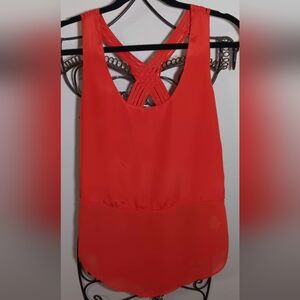 Silky Pop of Color Blood Orange Tank with Braided Cross-Back and Lace Side
